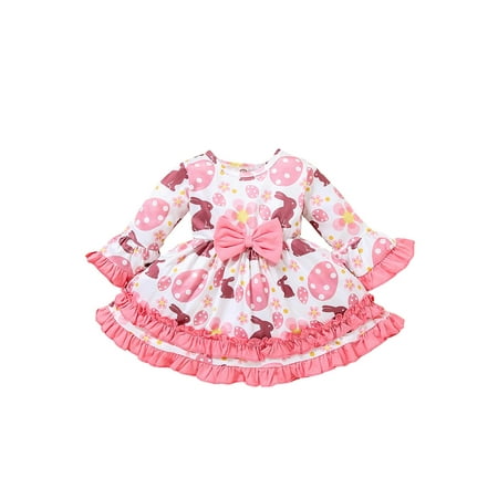 

elfinBE Baby Toddler Girl Ruffle Print Bowknot Long Sleeve Cuite Dress 6-24M 2-3T