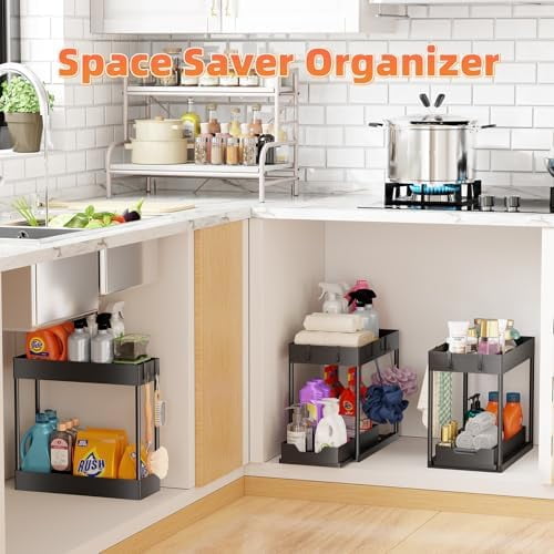 3 Pack Under Sink Organizer, Pull-Out Cabinet Organizer Drawer, 2 Tier Multi-Purpose Slide Out Storage Shelf for Kitchen Bathroom, Black