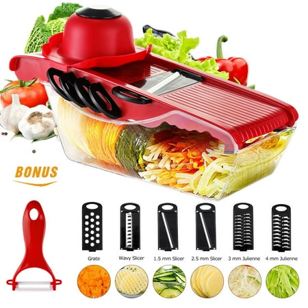 Godmorn Mandoline Slicer Vegetable Cutter Grater Chopper with 6 Interchangable Stainless Steel Blades, Shredder, Peeler, Safety Food Holder, Food (Best Mandoline Slicer America's Test Kitchen)