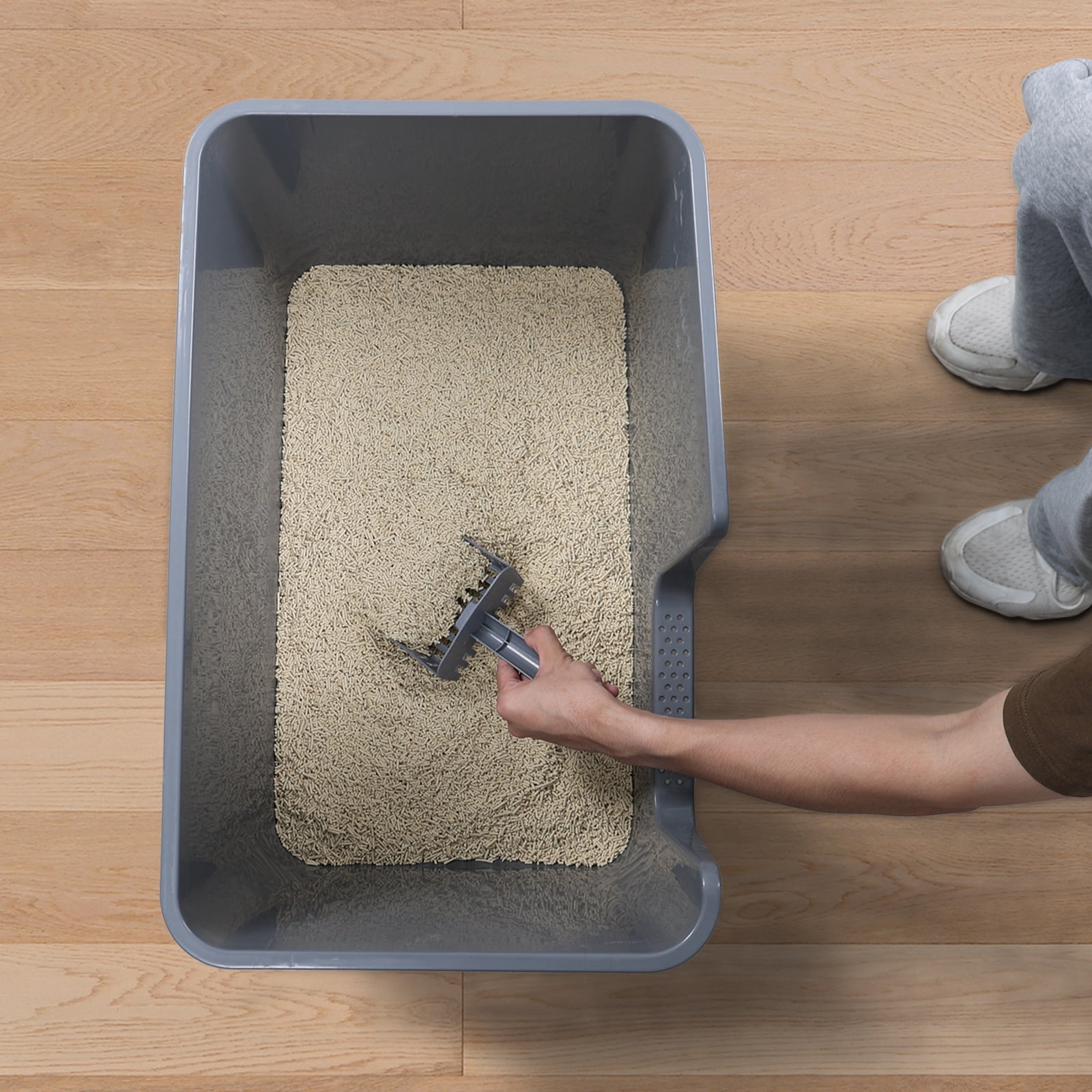 Hespama Plastic High Side Cat Litter Boxes with Scoopers, 2 Pack Large Gray Open Top Litter Trays