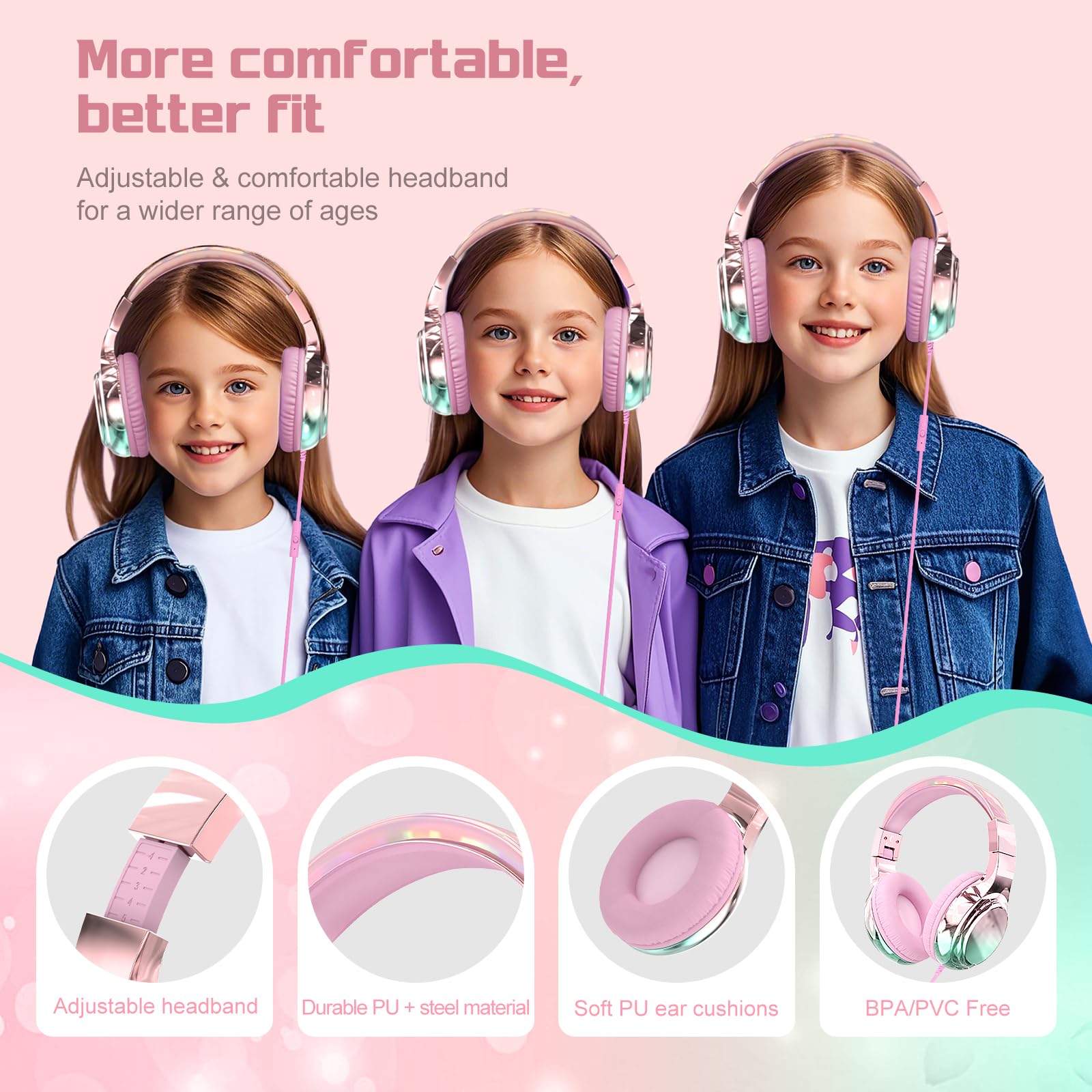 QearFun Kids Wired Headphones with Volume Limit, Pink photo 7