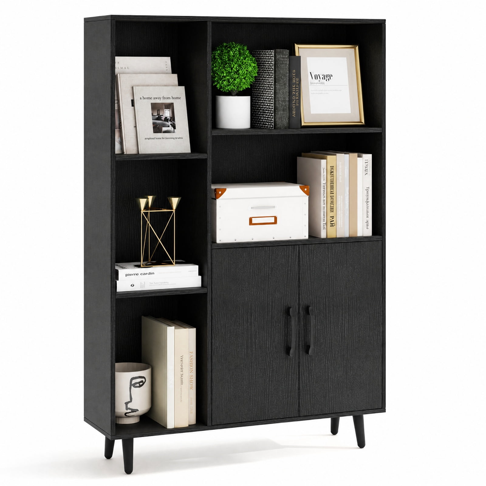 Furnibear 4 Inch Floor Bookshelf with 5 Open Compartments and Storage Cabinet for Living Room Home Office Bedroom Display Storage Shelf, Black