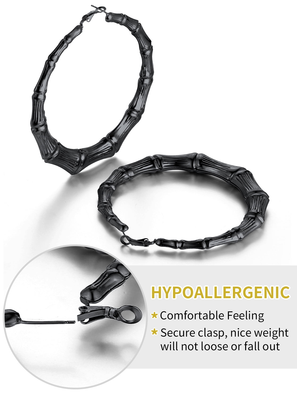 ChainsHouse Bamboo Hoop Earrings for Women Black Hypoallergenic Chunky Earring Stainless Steel Birthday Christmas Anniversary Jewelry Gift