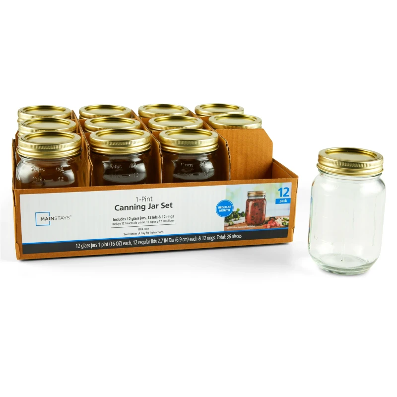 Mainstays Regular Mouth Glass Mason Canning Jars, 16 oz Pint, 12-Pack