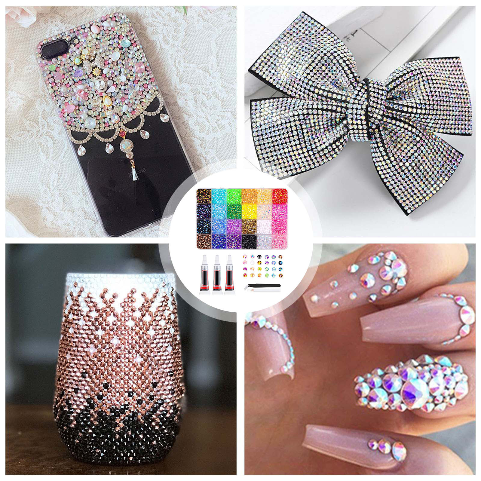 DIY Rhinestones Craft Set Diamond Painting Supplies 5D Diamond Art Tools Complete Diamond Painting Accessories Kit with Bedazzling Flatback Gems 3 Pcs Jewelry Glue1 Pcs Tweezers1 Pcs Pickup Pen for N