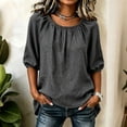 thumbnail image 3 of Craaazy Womens 3/4 Sleeve Blouses Basic Solid Color Round Neck Gathered Neck Elastic Cuff Linen Look Casual Pullover Top for Women Spring Summer Daily Wear, 3 of 6
