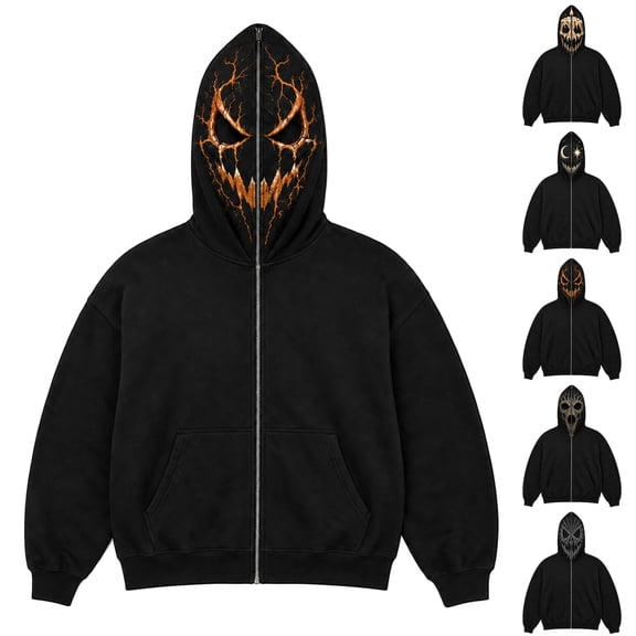 Halloween Hoodies for Men Fashion Oversize Full Zip Up Hoodie Men Vintage Graphic Gothic Punk Hoodies Jacket Vermilion XXL