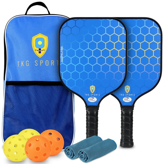 TKG Sports 14mm Fiberglass Pickleball Set with Bag - 2 USAPA Pickleball Paddles, 2 Indoor and 2 Outdoor Pickleball Balls, 2 Cooling Towels - Pickleball Rackets for Adults and Teens