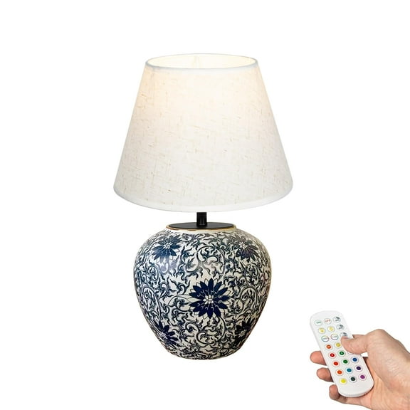 Kiven Cordless Table Lamp, Dimmable LED Vase Lamps with Fabric Lampshade, Classic Cottage Ambient Light, 1-Light Rechargeable Nightstand Lamp for Office Bookcase Bedside TD1013C