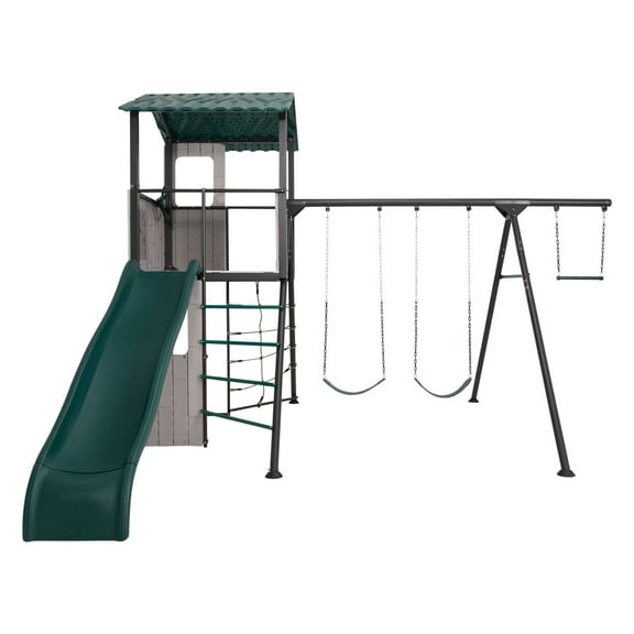 Lifetime Kid's Adventure Clubhouse Swing Set with Slide, Belt Swings and Trapeze Bar (91135)