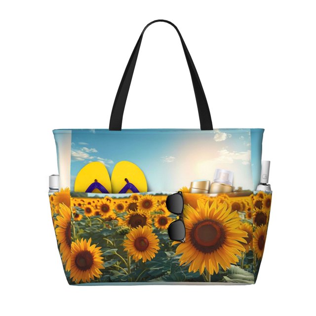 Disketp Sunlit Sunflower Field Bolsa de Playa de Gran Capacidad, Bolso Impermeable y a Prueba de Arena para Mujer, Ideal para Playa, Piscina y Natación