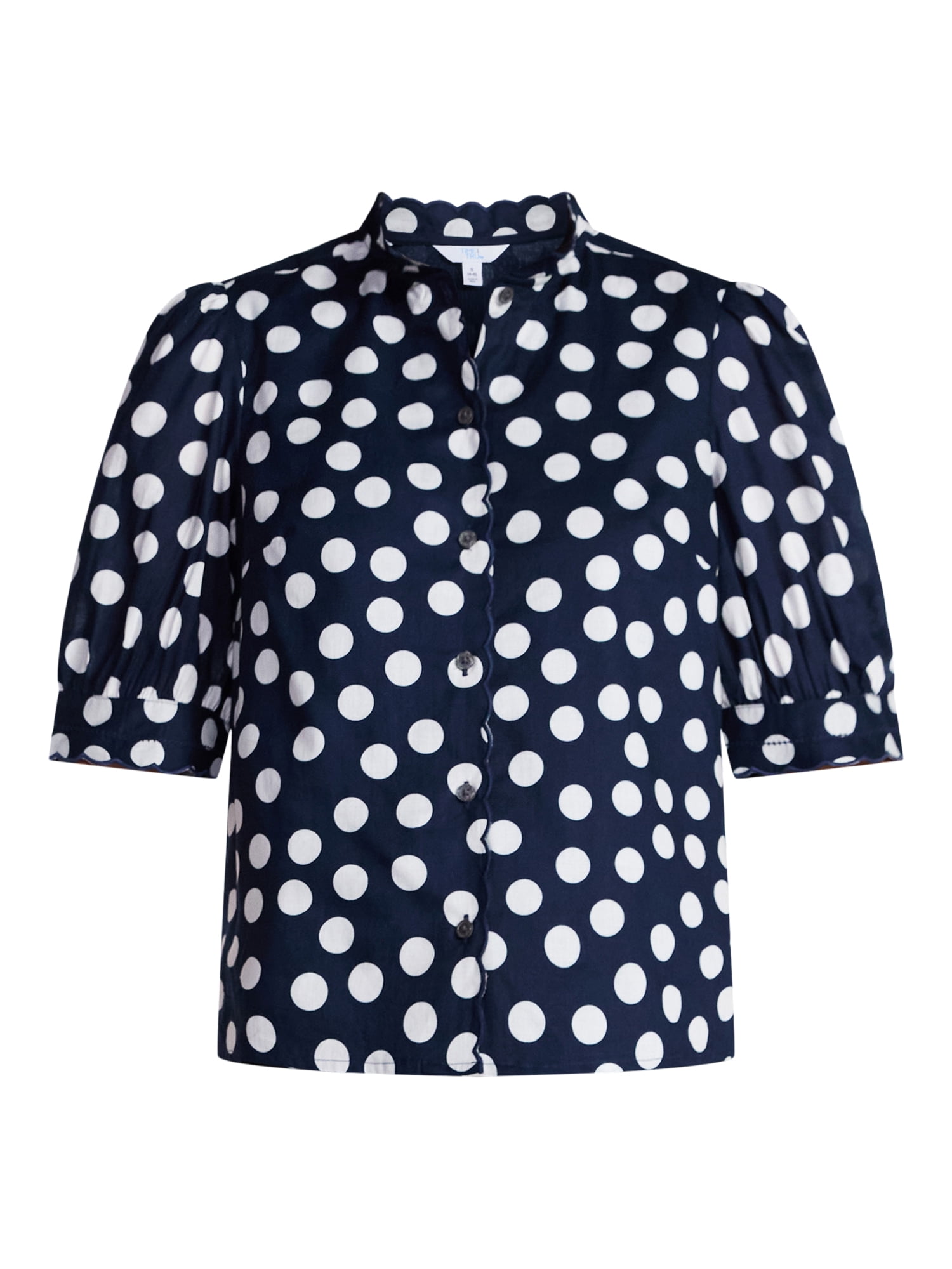 Time and Tru Women's Scallop Trim Cotton Button Down Shirt with Short Sleeves, Sizes XS – XXXL