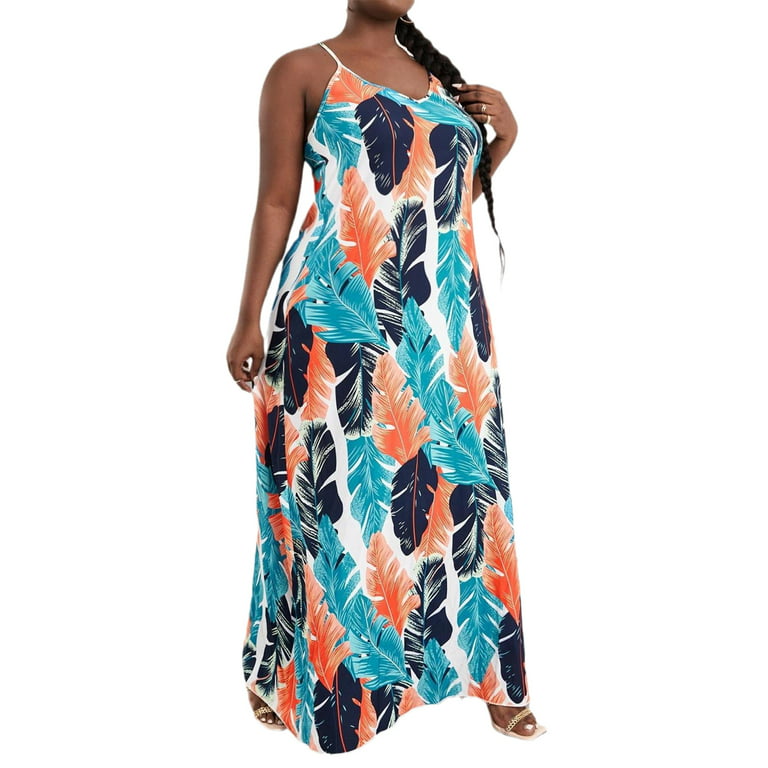 Womens Plus Size Dresses Boho Tropical Sleeveless Cami Multicolor 2XL 