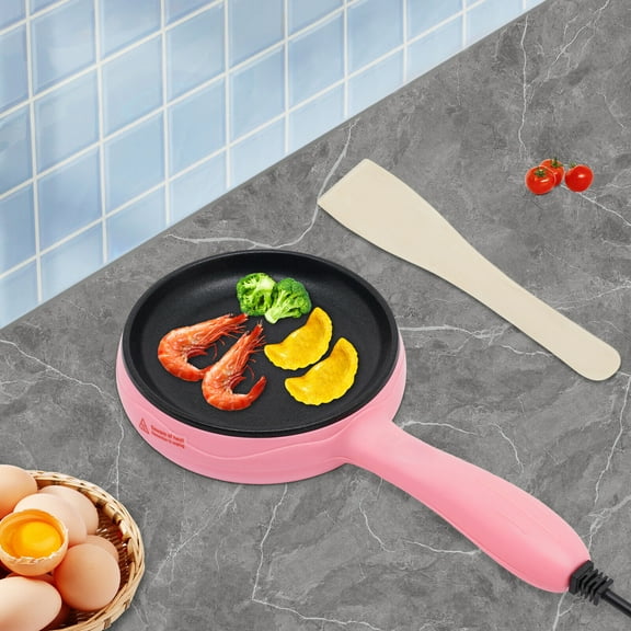 Round Electric Skillet Pink Mini Frying Pan Non-Stick 450W with Wooden Spatula