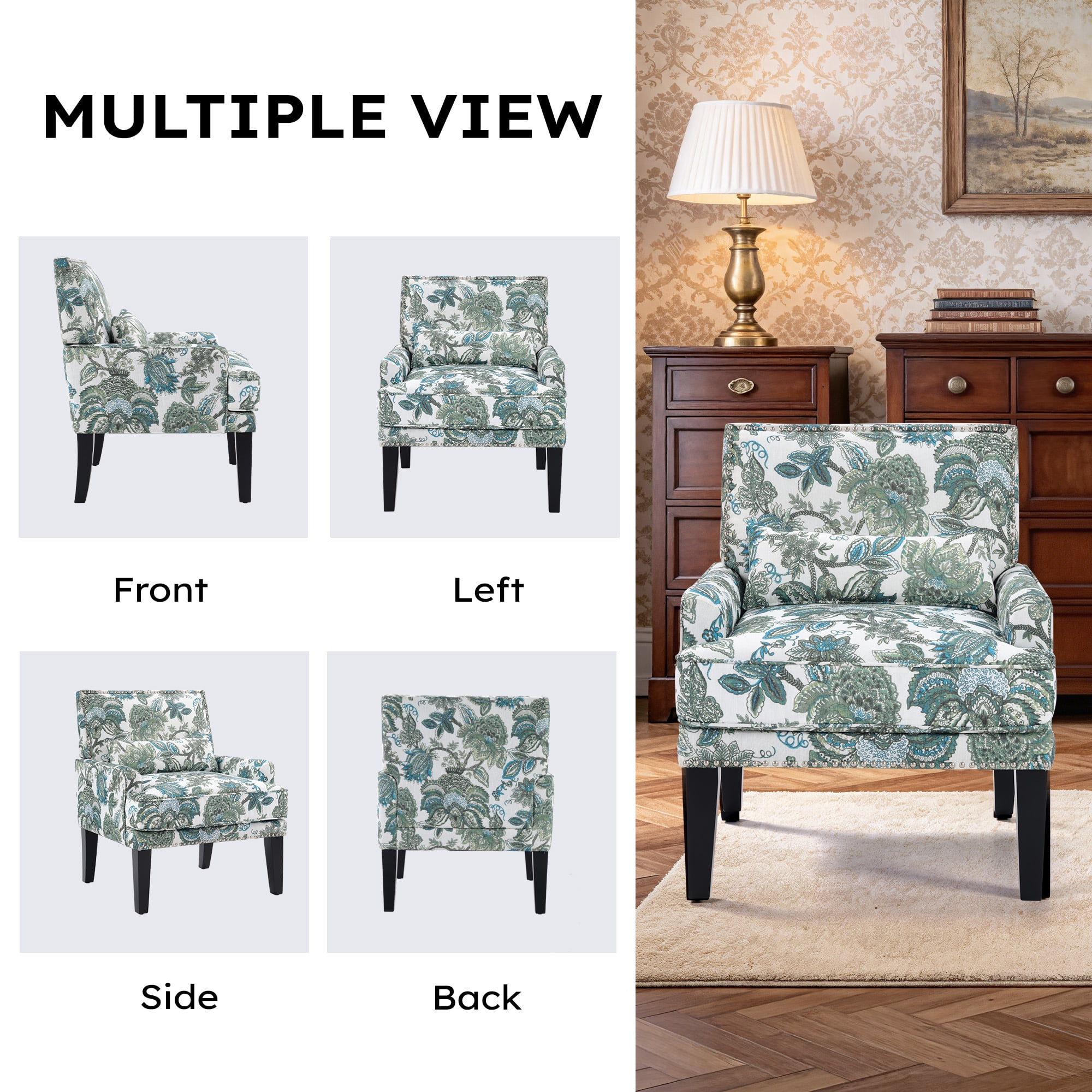 Bonzy Home Modern Floral Print Accent Chair with Arms and Wooden Legs, 2-Pack Mid‑Century High‑Back Wing Chair with Padded Armrests & Cushioned Seat for Living Room, Blue Green Floral