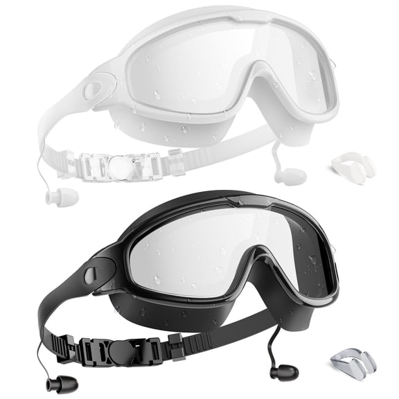 2 Pack Adult Swim Goggles with Ear Plugs, Wide View, Anti-Fog, UV Protection, Leak-Free Comfortable Fit for Men & Women, Pool, Beach, Open Water