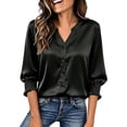 thumbnail image 2 of ClodeEU Women's Satin V Neck Ruff Cuff 3/4 Sleeve Button Down Blouse, Casual Silky Work Shirt Top Black,Women's Plus M, 2 of 9
