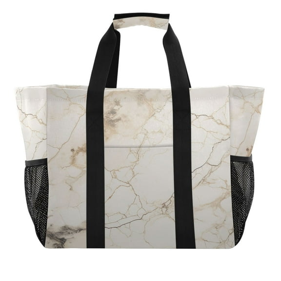 Gray White Marble Reusable Grocery Bags with Handle Side Pocket Waterproof Shopping Portable Tote