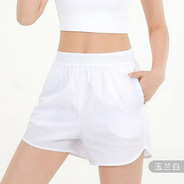 Pantalones cortos deportivos para gimnasio para mujer, pantalones cortos elásticos de cintura alta con bolsillos, mallas falsas de dos piezas para Yoga, entrenamiento para correr