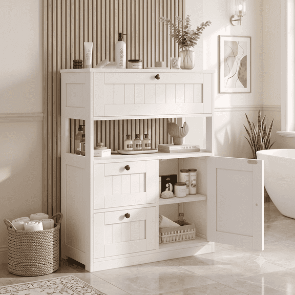 Exnote Bathroom Cabinet Stylish Freestanding Floor Cabinet with 1 Door and 3 Drawers, Multi-Purpose Storage Cupboard for Kitchen & Living Area