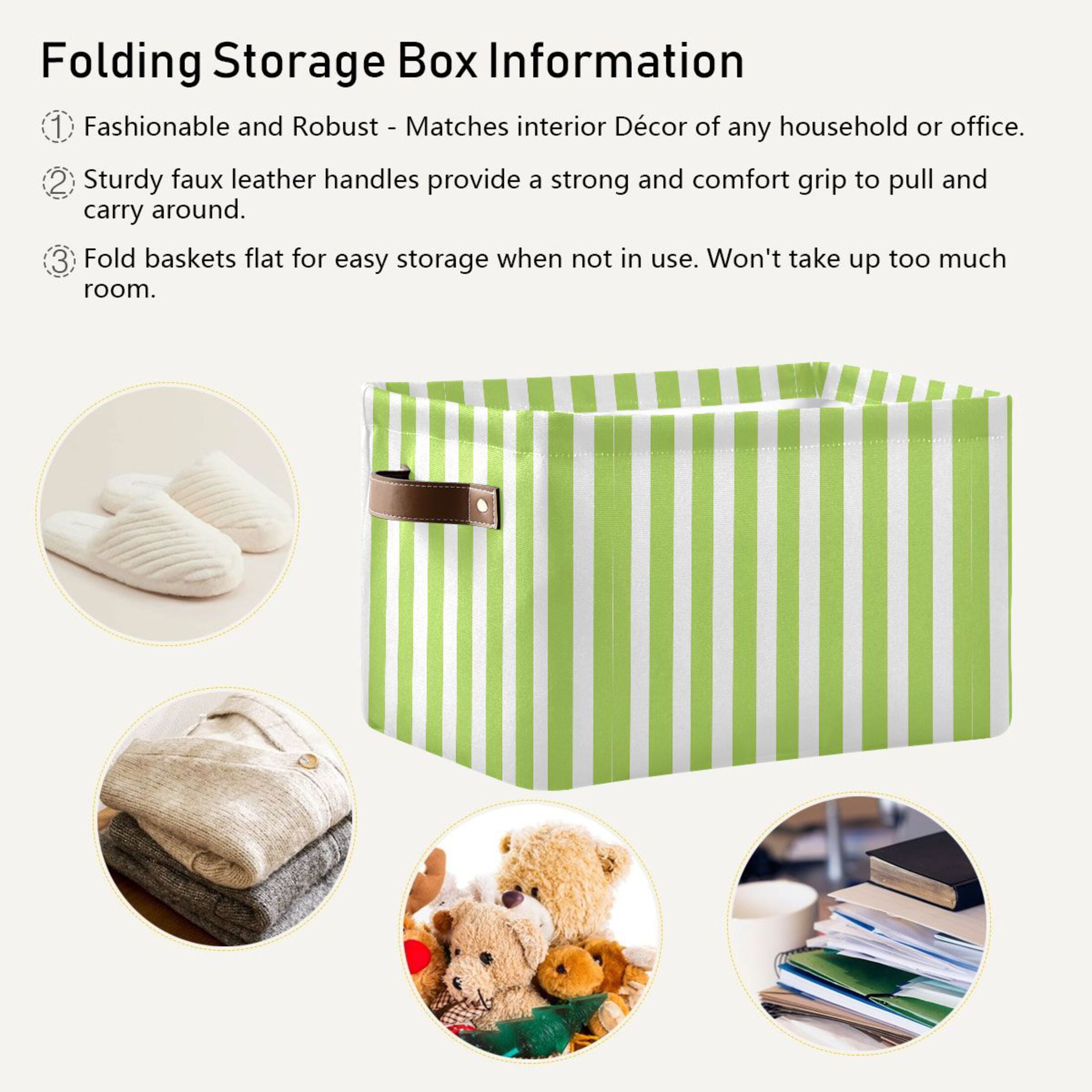 2 Pack Storage Bins with Handle Fabric Organizer Basket Foldable Box Apple Green and White Stripes 14.2x10.2x8.3
