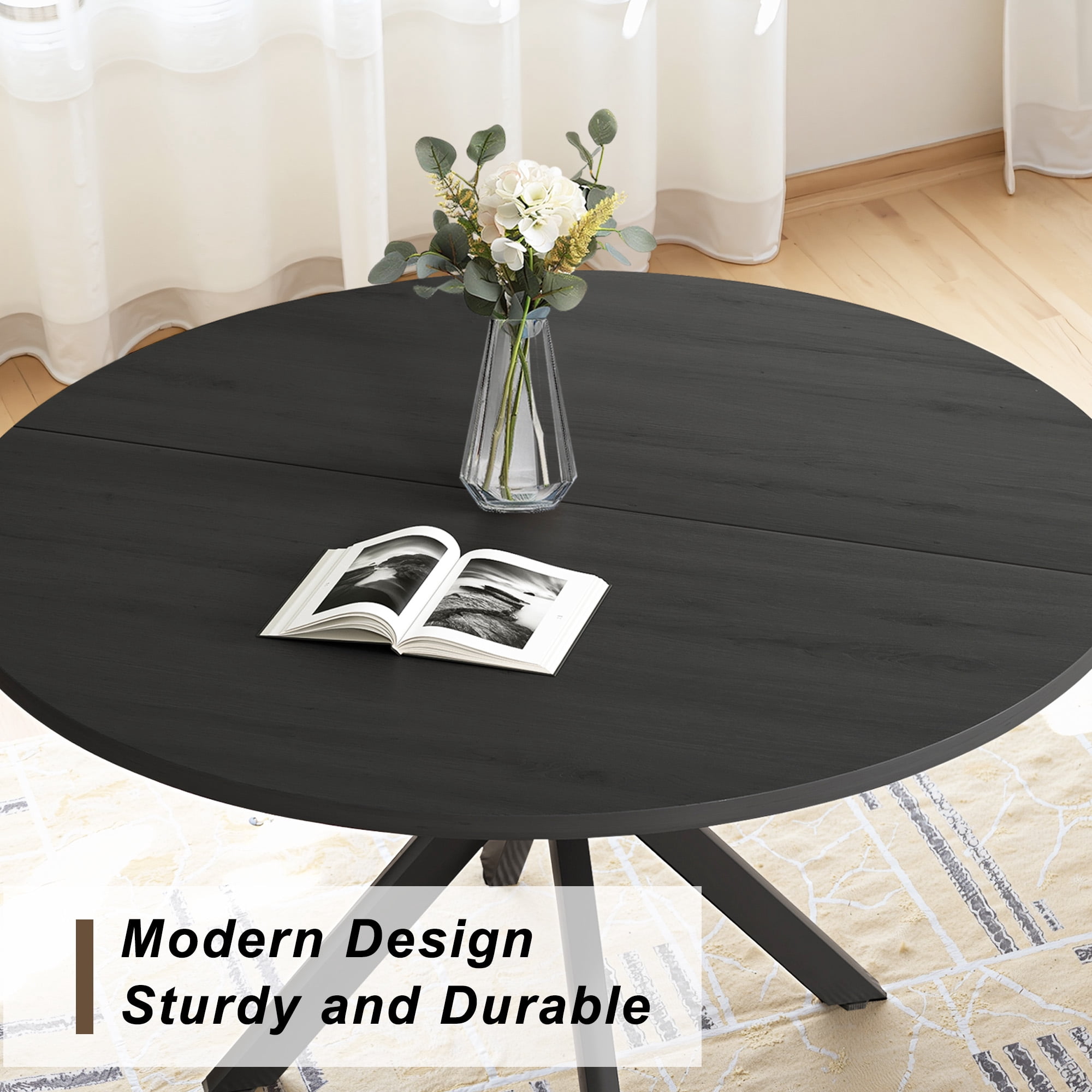 MAYEERTY 47"Round Modern Dining Table Fits 4-6, Farmhouse Style,Metal Frame for Kitchen/Dining Room, Black