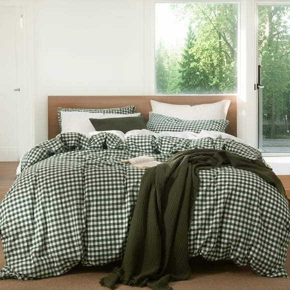 JOLUSERE 100% Organic Cotton Gingham Duvet Cover Queen Set, 3-Piece Linen Like Textured Breathable Soft Comforter Cover (Dark Green Gingham)