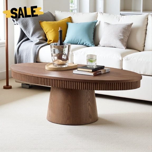 Hassch Contemporary Oval Pedestal Coffee Table in Walnut Finish, 47.2" MDF Center Table with Wood Veneer Surface, Multi-Functional Accent Table for Living Room, Home Office