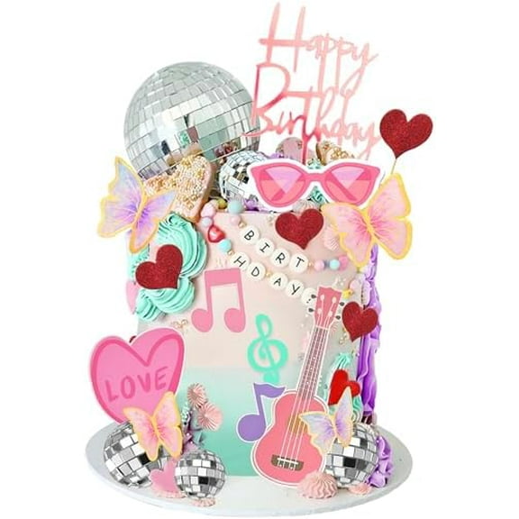 Disco Ball Cake Toppers Pink Star Music Cake Decorations Butterfly Guitar Cake Toppers for Music Disco Birthday Supplies