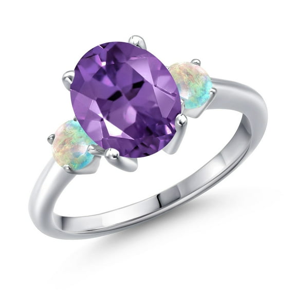 Gem Stone King 2.80 Ct Oval Purple Amethyst White Simulated Opal 925 Sterling Silver Ring (Size 9)