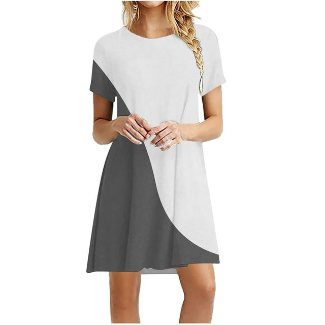 Robe T-Shirt pour Femmes Grande Taille à Enfiler d'Été Décontractée Mini Robe Couleur Unie à Coutures Robe de Détente Tenue Quotidienne
