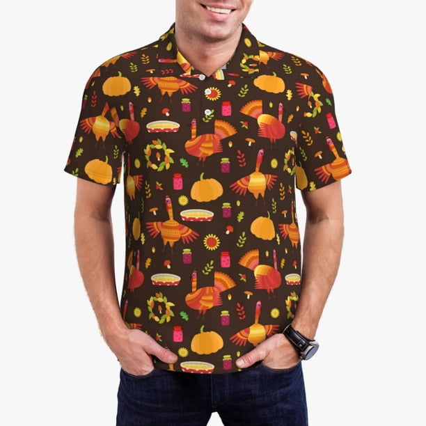Fotbe Thanksgiving Turkey Camiseta Polo de Golf para Hombre con Estampado – Camisa Deportiva Transpirable con Cuello Abotonado-Large
