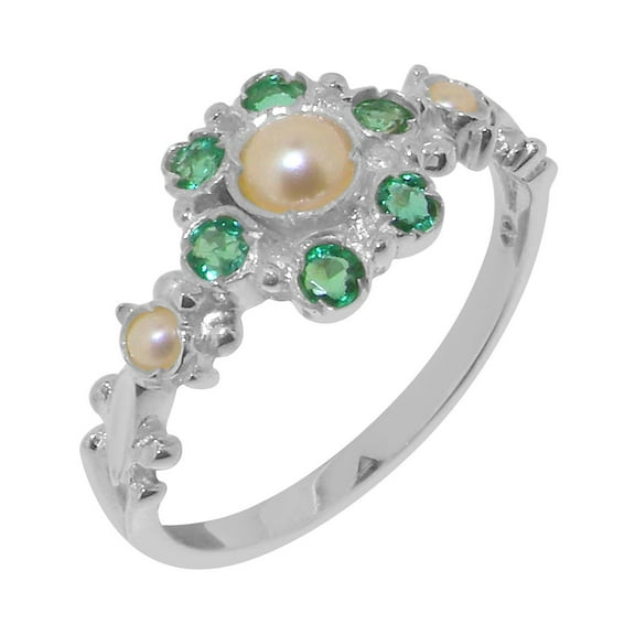 LBG British Made 9k White Gold Cultured Pearl & Emerald Womens Anniversary Ring - 33 size options - Size 10