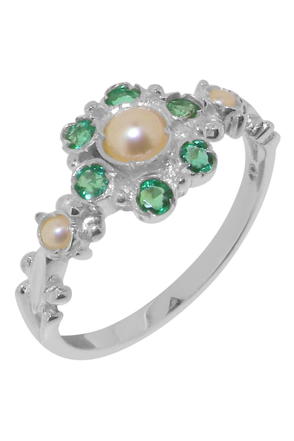 LBG British Made Sterling Solid Silver ring with Cultured Pearl & Emerald Womens Engagement Ring - 33 size options - Size 11