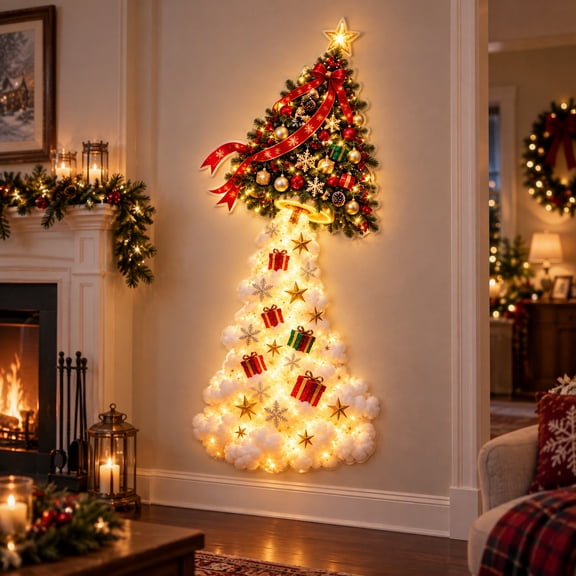 Christmas Magic Trail Wall Light, 3D LED Glowing Christmas Wall Decor with Santa Sleigh Reindeer, Indoor Holiday Hanging Decoration for Living Room, Mantel, Doorway and Xmas Party(Christmas tree 1PC)