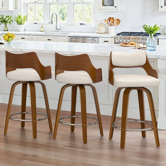 Dycanpo 26'' Swivel Counter Height Bar Stools Set of 3,Mid-Century Wooden Barstools with Backs for Kitchen Restaurant,Ivory White