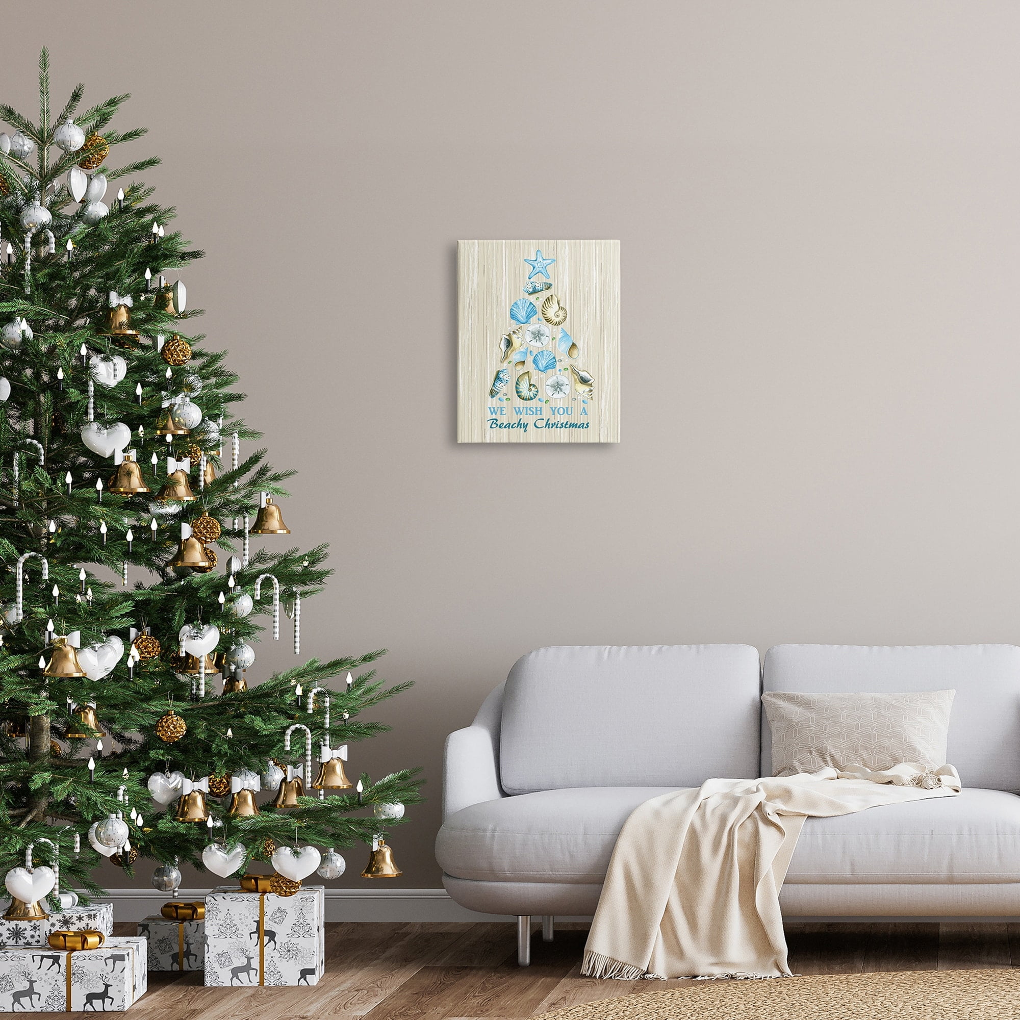 Beachy Christmas Seashell Tree Rustic Pattern Design Coastal Graphic Art Gallery-Wrapped Canvas Print Wall Art