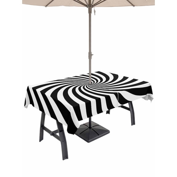 Outdoor Tablecloth with Umbrella Hole for Patio/Picnic/Party/Camping, Black White Waterproof Table Cloth Rectangle Table Cover Washable, Farmhouse Striped Spiral Vortex Abstract (60"x 84")