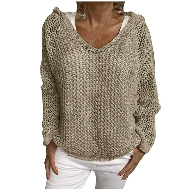 Gibobby Suéter casual mujer, Suéter de punto suave con cuello redondo para mujer(Caqui,M)