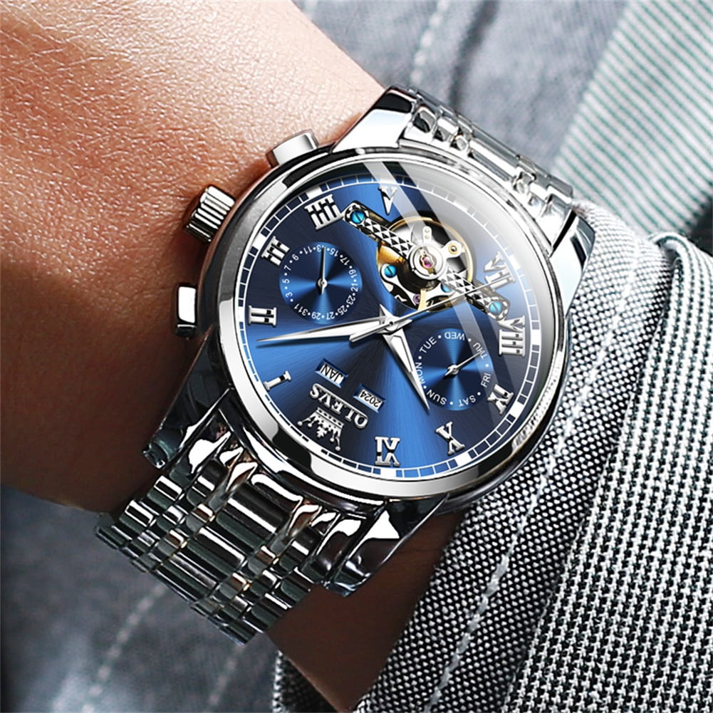 OLEVS Automatic Watches for Mens Self-Winding Mechanical Chronograph Classic Fashion Business Tourbillon Skeleton Stainless Steel Waterproof Luminous Mens Wrist Watches Reloj Para Hombre