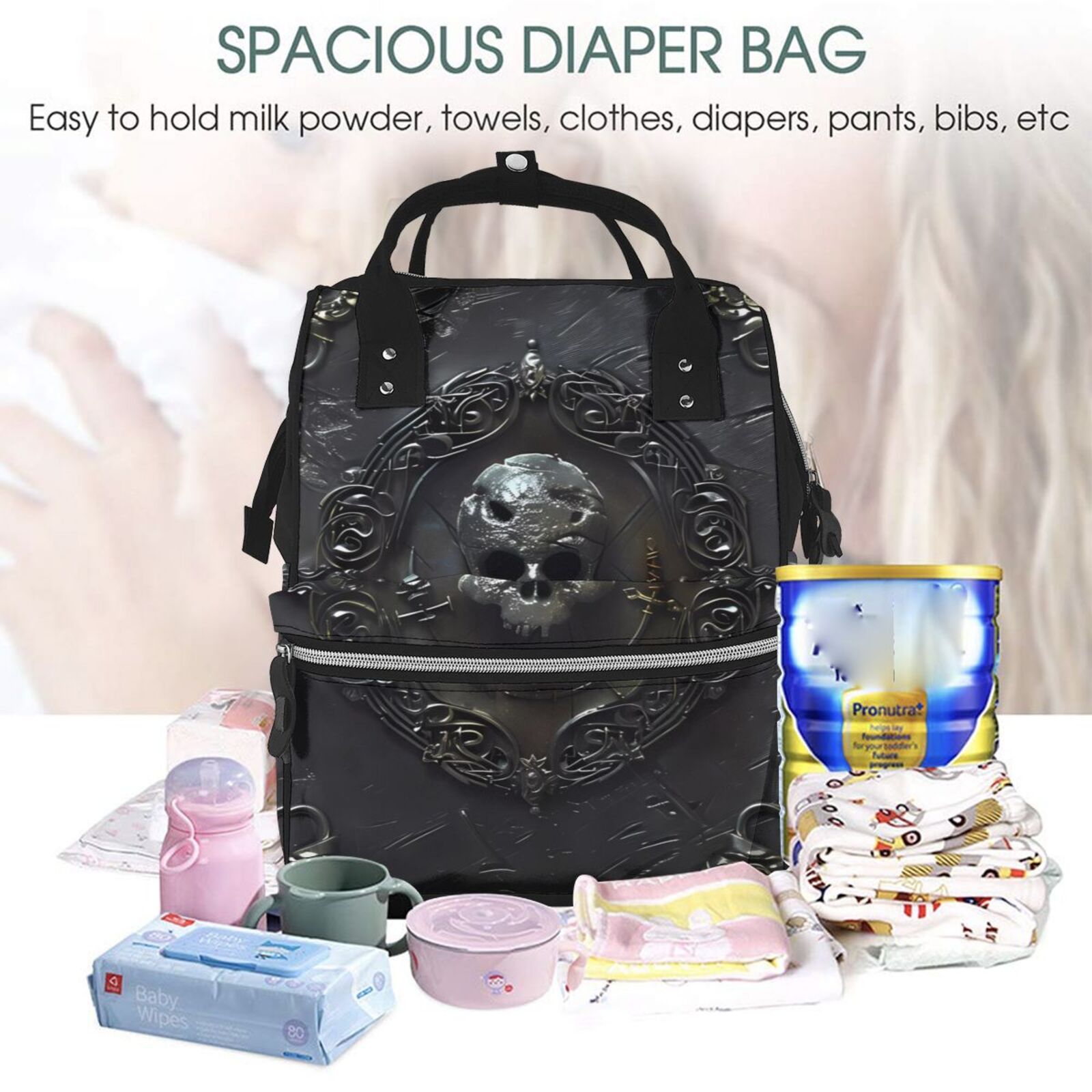 Hirioo Ornate Dark Skull Book for Mummy Diaper Bag Backpack Diaper Bag Backpack for Moms and Dads Unisex Shoulder Bags Travel Hiking Outdoor Pack