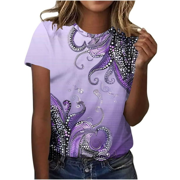 Tops de Ajuste Suelto para las Mujeres Sudadera Casual Impresa Manga Corta Cuello Redondo Superior, Poliéster