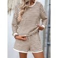 thumbnail image 5 of 2 Piece Sets for Women Summer Cute Stripe Long Sleeve Knit T Shirts Shorts Matching Lounge Set Khaki S, 5 of 8