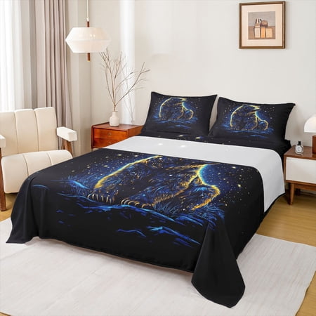 Feelyou 3D Rustic Bear Twin Sheet Sets for Kids Mystic Starry Sky Twin Fitted Sheet Glitter Gold Stars Flat Sheet Breathable Home Decor 3pcs