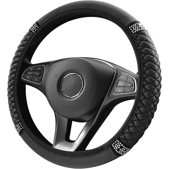 Black Leather Auto Steering Wheel Cover, Anti-Slip Lining, Universal Fit 15 Inch