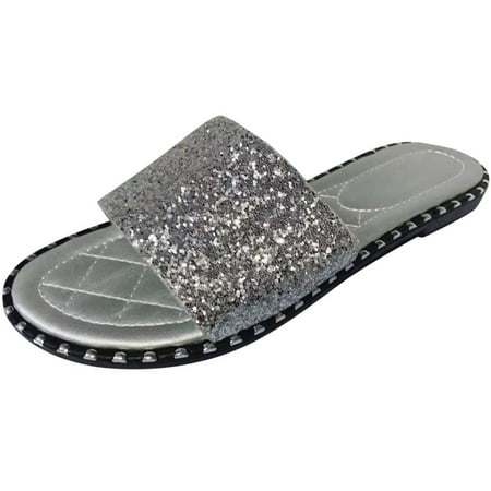 

Womens Glitter Bling Fancy Slide Flat Low Wedge Casual Fashion Sandals Shoes Summer Open Toe Slide Sandals Comfortable Flats Flip-Flops Sandal Casual Platforms Wedge Sandals Heeled Sandals A8665