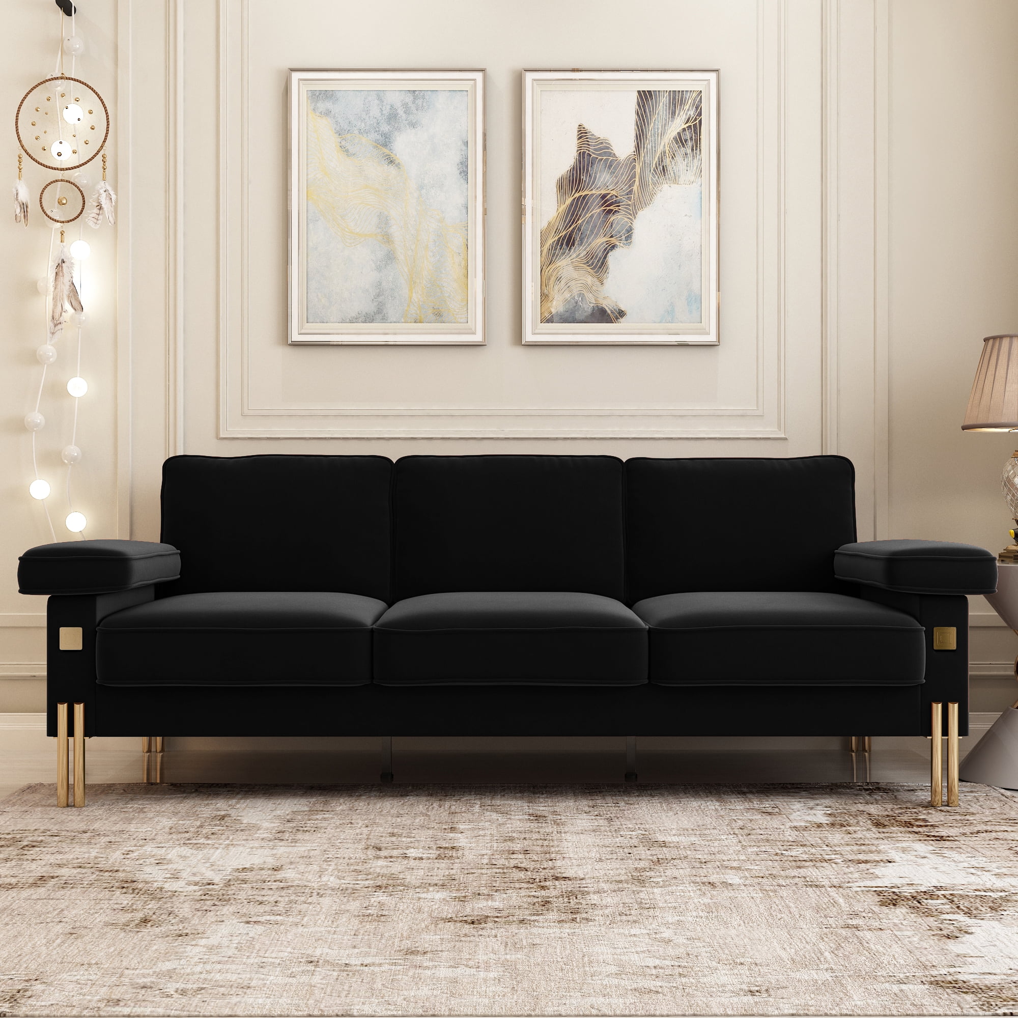 Resenkos 93"W 3-Seater Velvet Sofa Couch Contemporary with Extra-Deep Padded Cushions, Black Resenkos 93"W 3-Seater Velvet Sofa Couch Contemporary with Extra-Deep Padded Cushions, Black