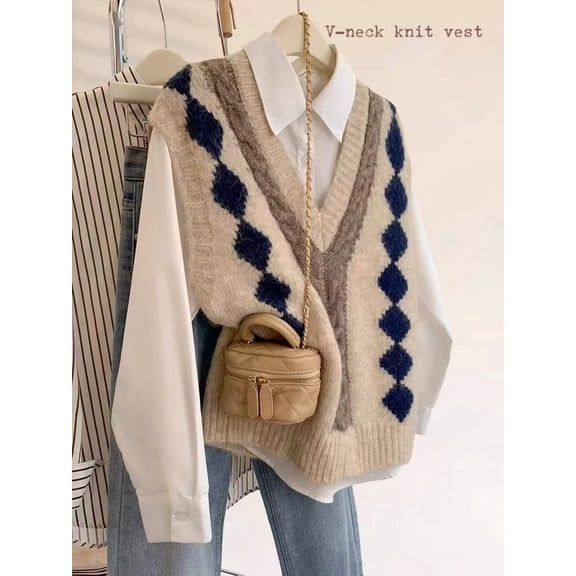 Women's Argyle Knit Vest V Neck Sleeveless Sweater Tank Top