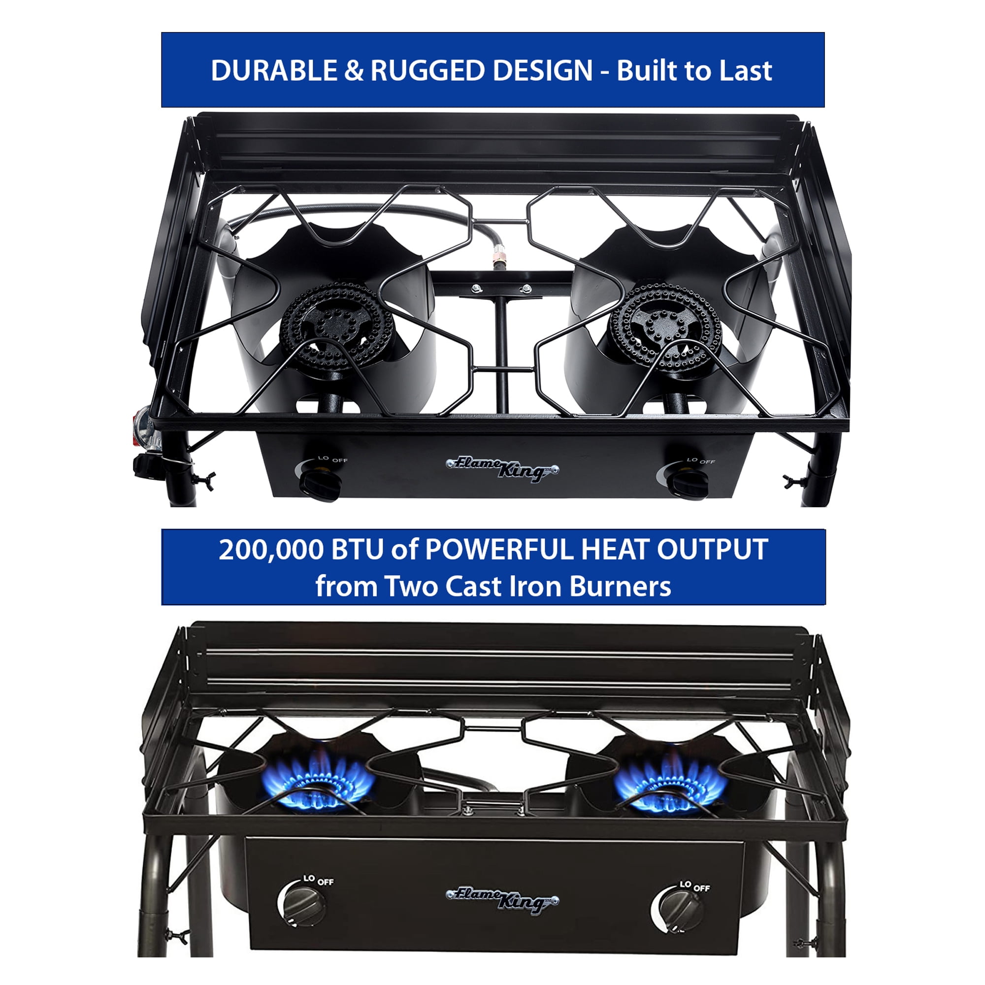 Flame King Standup 2 Burner Camp Stove, Propane Camping Stove, 200K BTU, Black, 31” x 16” x 35”