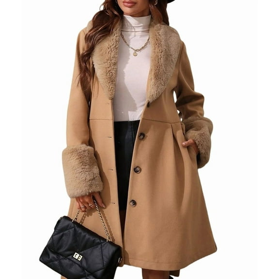 Winter Faux Fur Coats for Women,Faux Fur Leather Jacket Women Khaki L